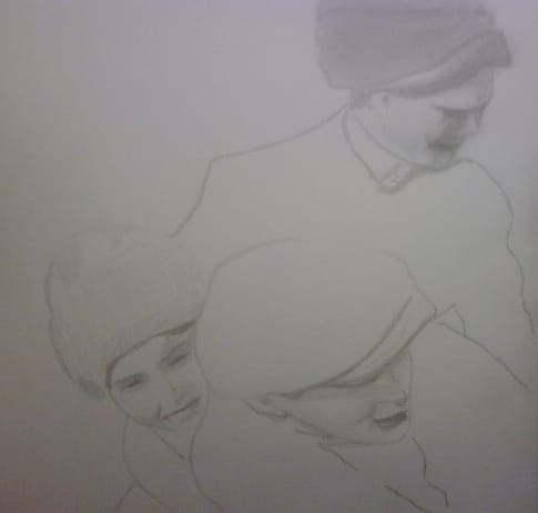 Lotte, Mary und Hans mit Mützen (Kühn), carbon on canvas, 25x25cm, 2010 (private collection, UK)